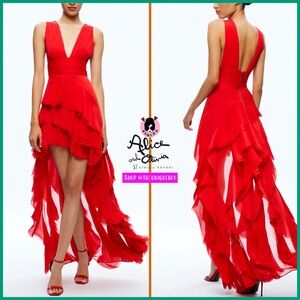Alice + Olivia Holly Low Neck Asymmetric Ruffle Bright Ruby Red Maxi Dress